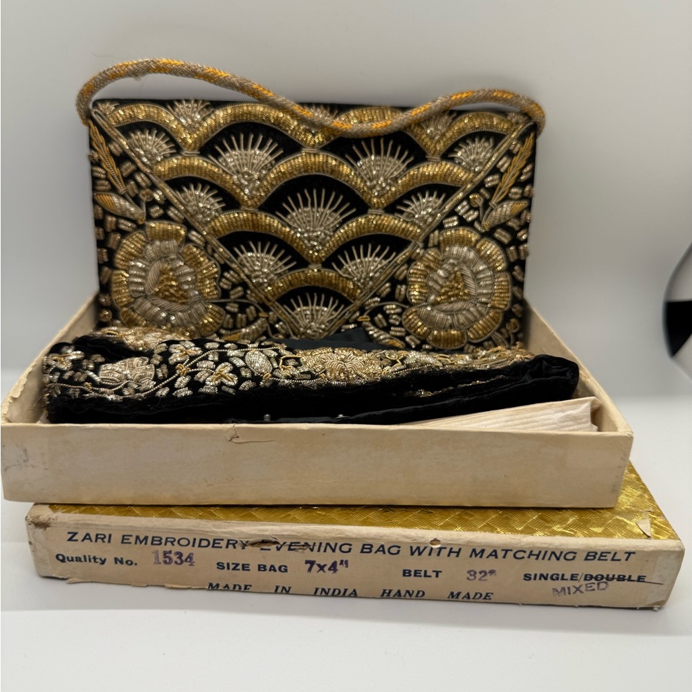 Vintage Zari Embroidered Evening Bag with Matching Belt